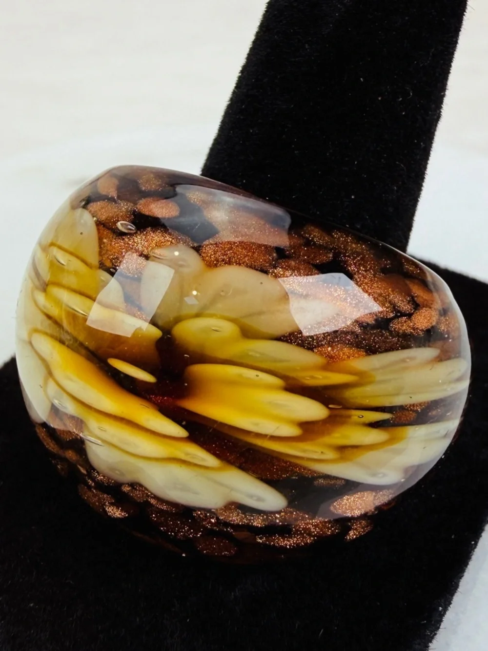 Vintage Art Glass Statement Ring Amber Cream Copper Swirl Wide Band Size 11.5